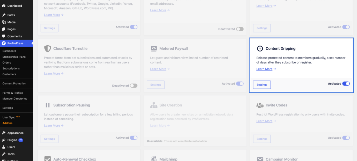 Activating the Content Dripping addon in ProfilePress