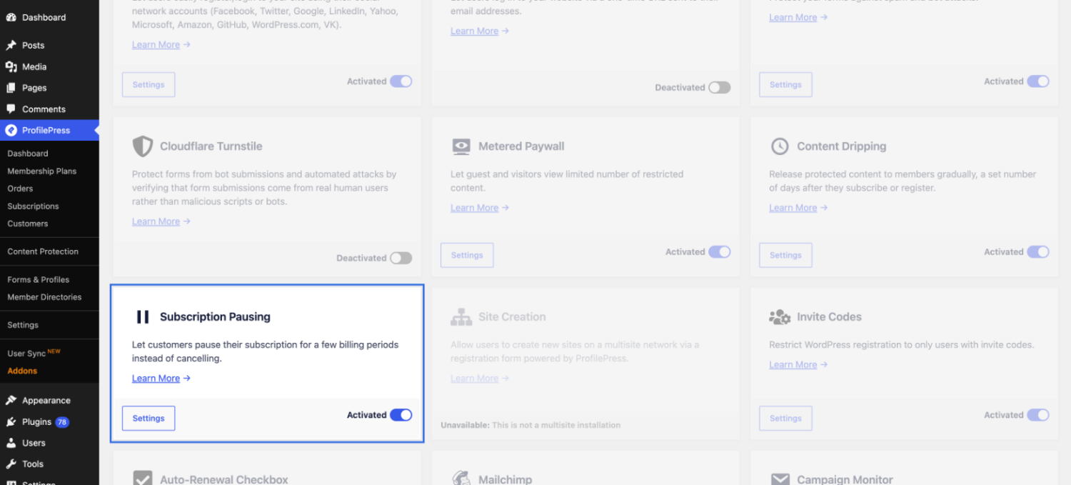 Activating the Subscription Pausing addon in ProfilePress
