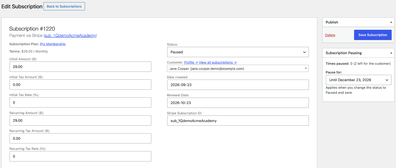 Pausing a subscription from the WordPress admin