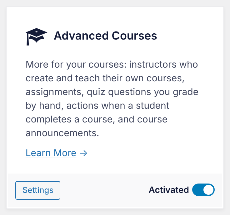 The Addons screen with the Advanced Courses card activated