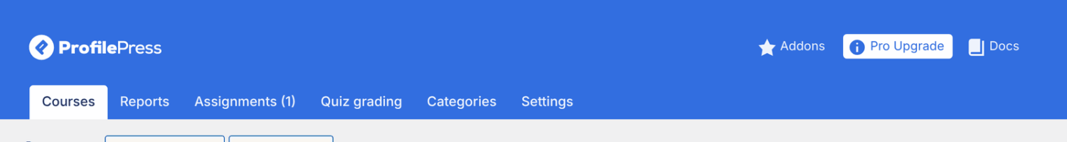 The Courses screen with the Assignments and Quiz grading tabs