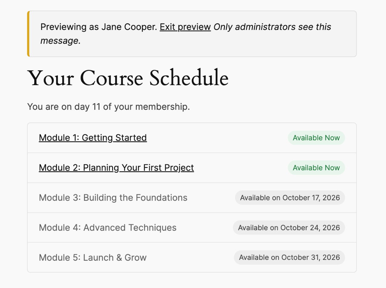 Content schedule shortcode previewed by an administrator as a specific member