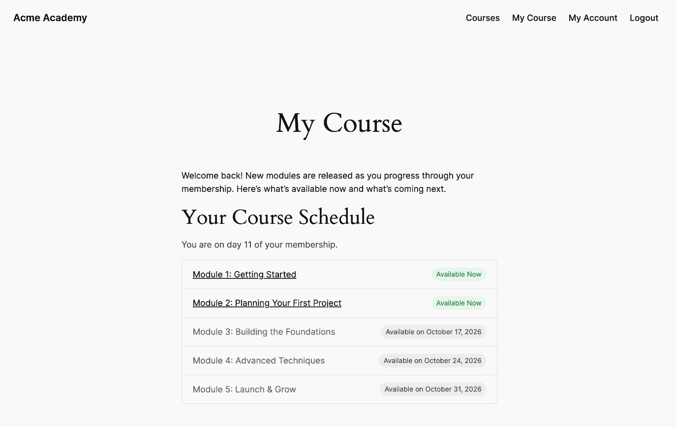 Member course schedule showing modules available now and the dates upcoming modules unlock