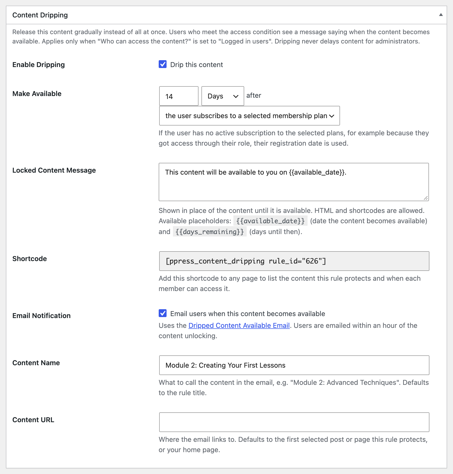 Content Dripping box with Email users when this content becomes available ticked, plus Content Name and Content URL fields