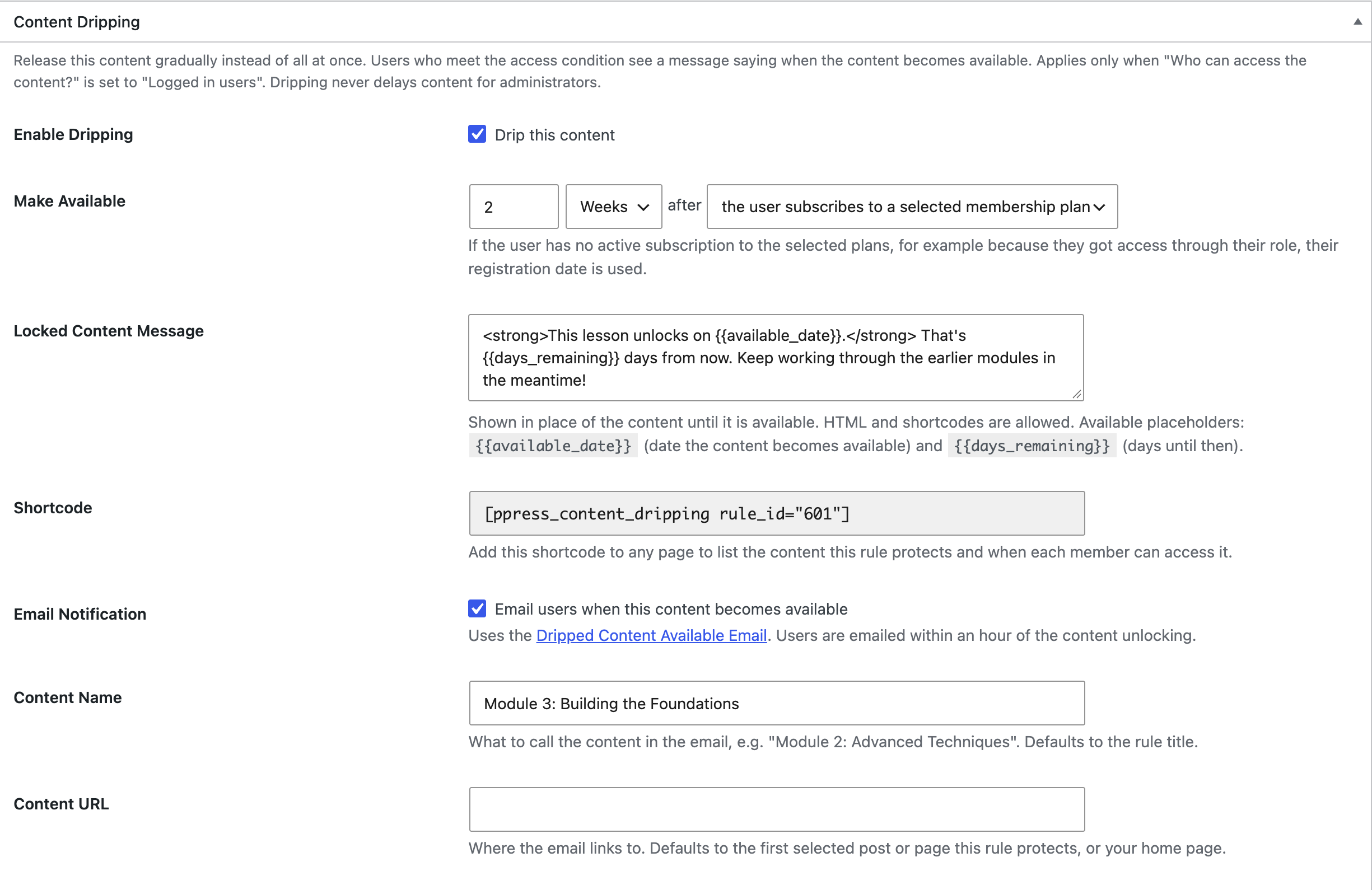 Content Dripping settings on a ProfilePress content protection rule in WordPress