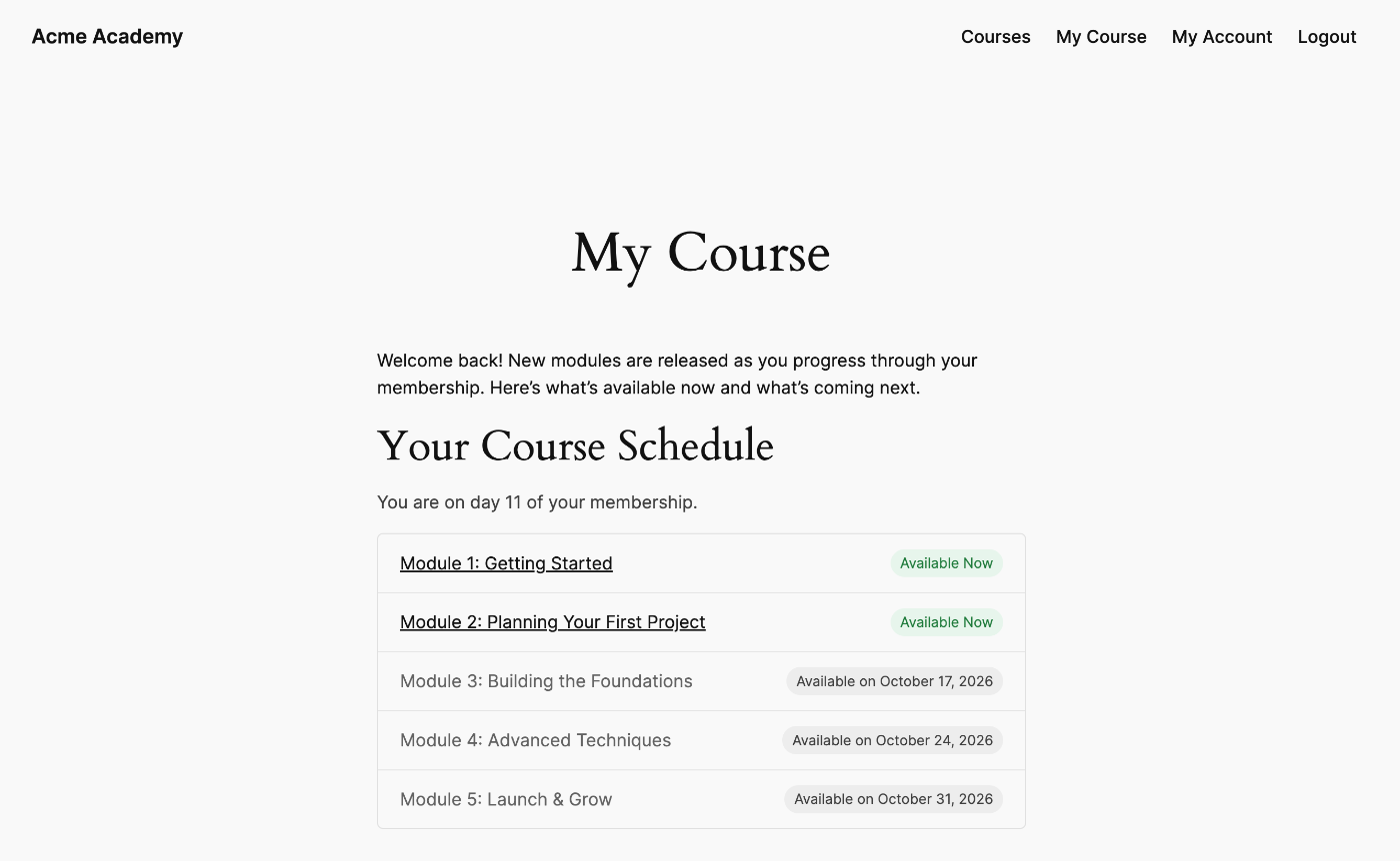 Content schedule shortcode showing available and upcoming lessons