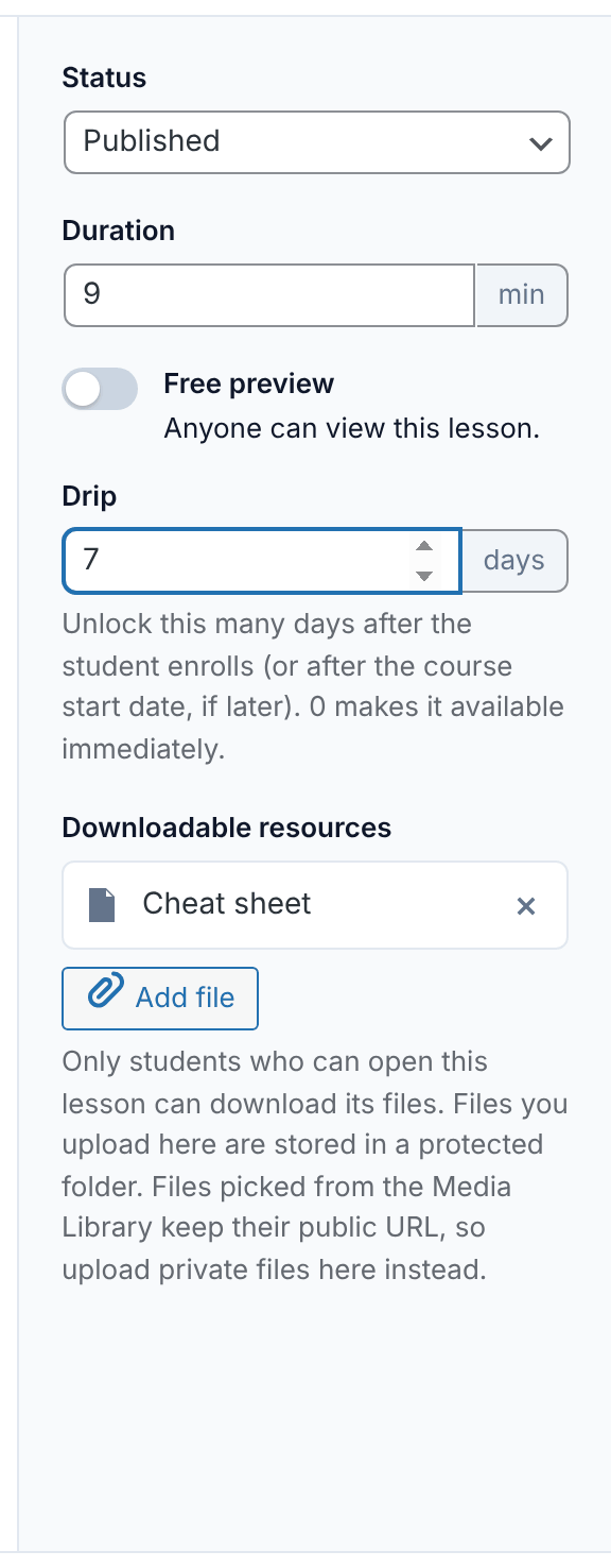 The lesson editor with the Drip field set to 7 days