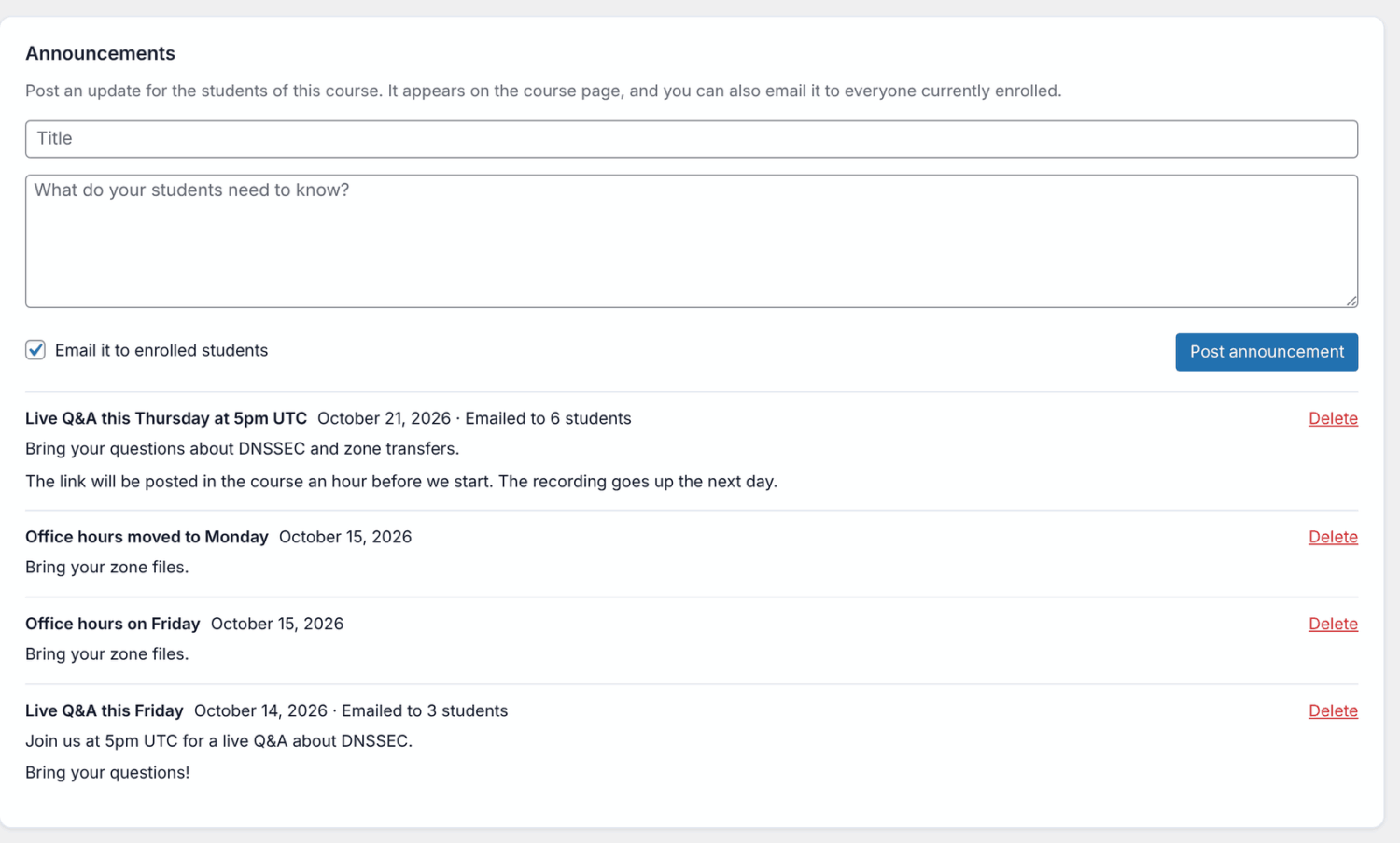 The Announcements card on the Students tab