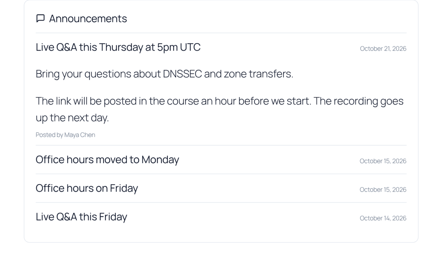 The Announcements box on a course page