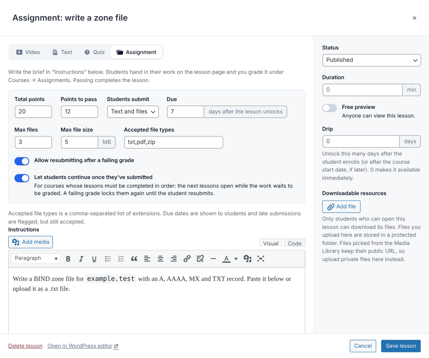 The lesson editor with Assignment selected and the assignment settings