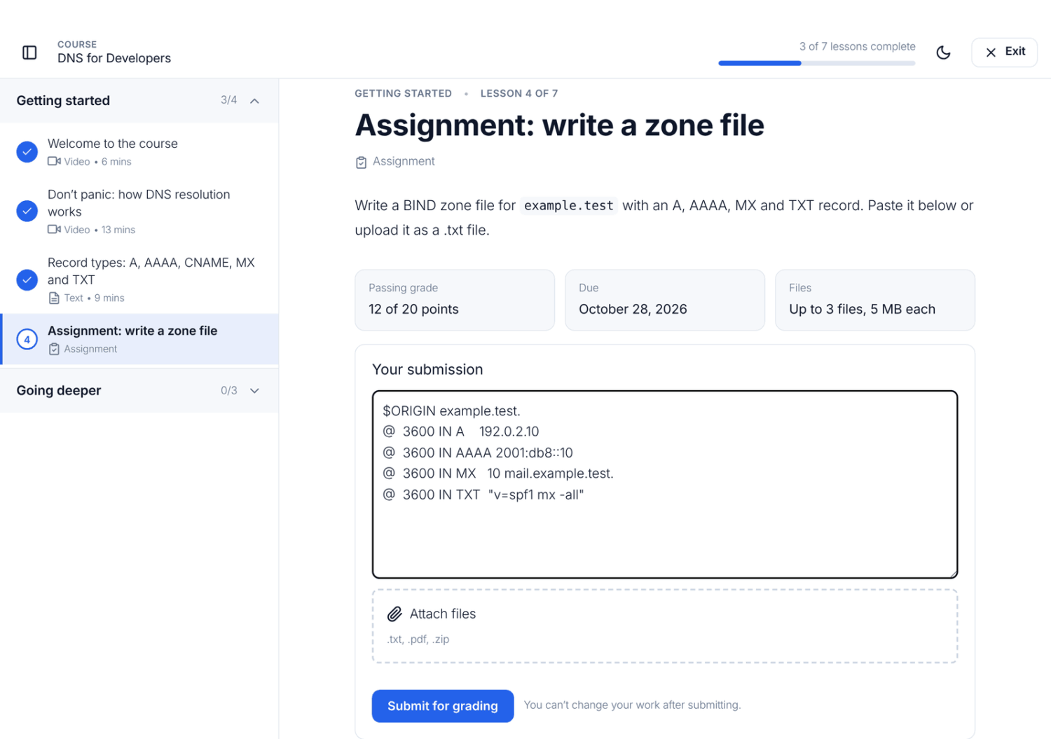 The assignment lesson with the submission form