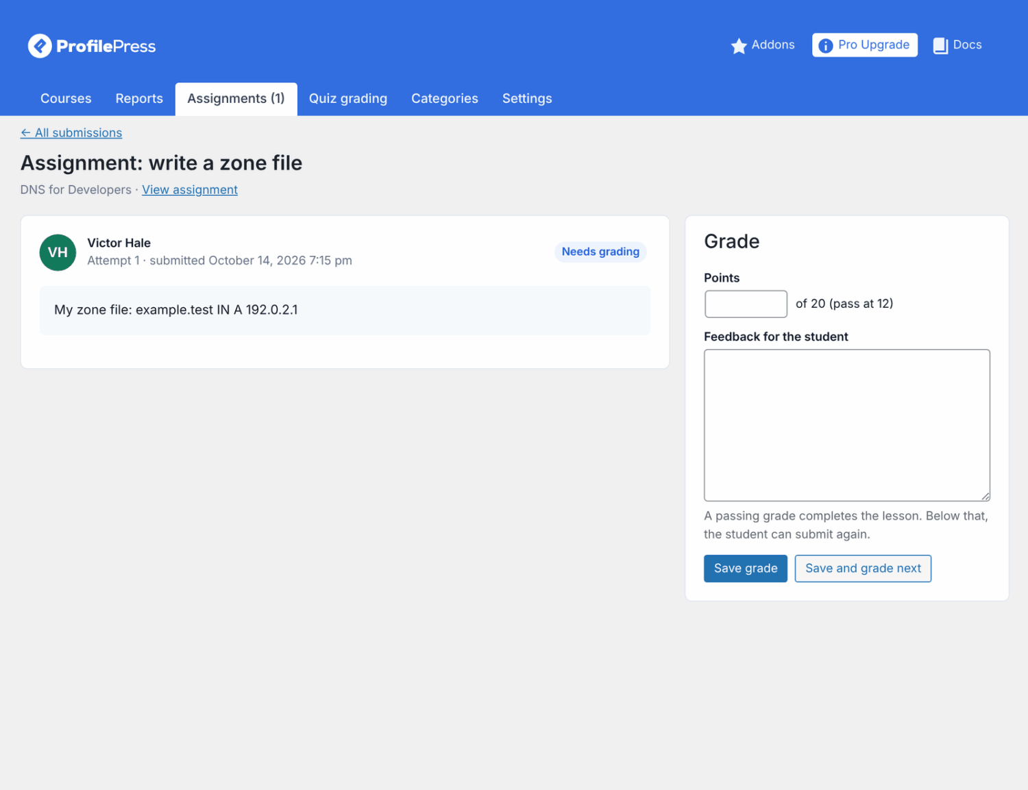 The grading screen with points, feedback and the Save and grade next button