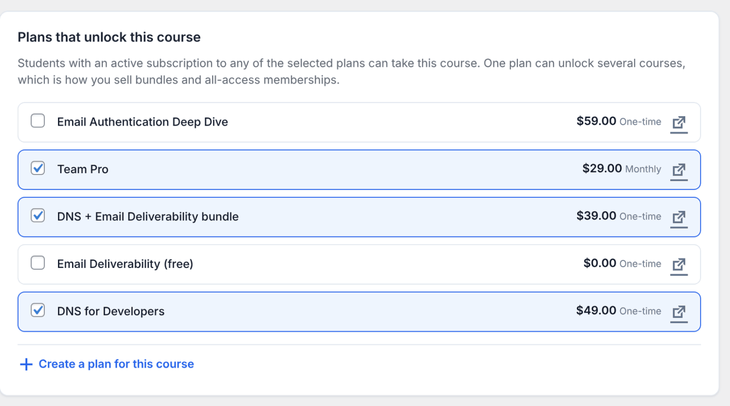 “Plans that unlock this course” with a course's own plan and a bundle plan both ticked