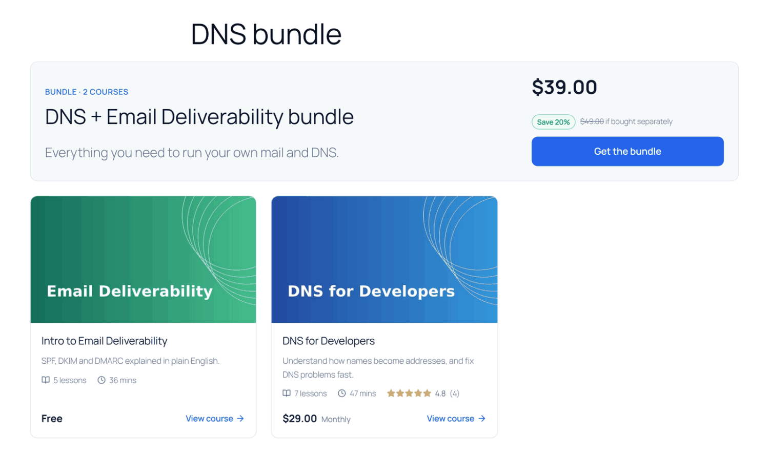 A bundle page with the price, “Save 20%” badge, Get the bundle button and two course cards
