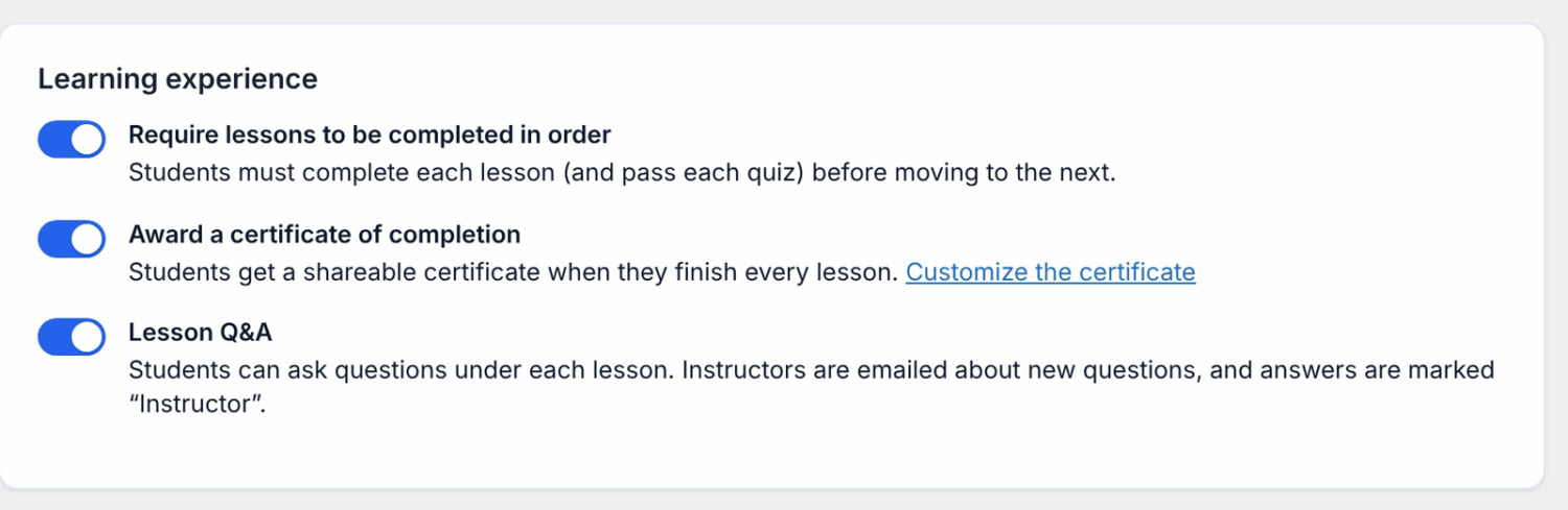 The Learning experience card on the Pricing & Access tab with the “Award a certificate of completion” toggle