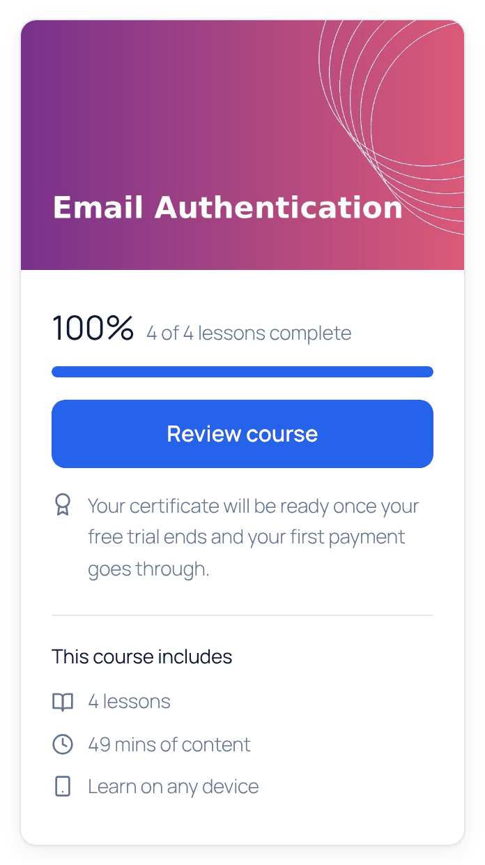 The enroll card of a completed course saying the certificate will be ready once the free trial ends and the first payment goes through