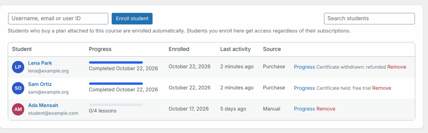 The Students tab with Certificate withdrawn: refunded and Certificate held: free trial next to two students