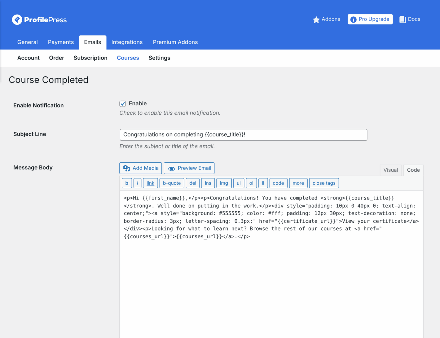 The Course Completed email edit screen with Enable Notification, Subject Line, Message Body and the placeholder list