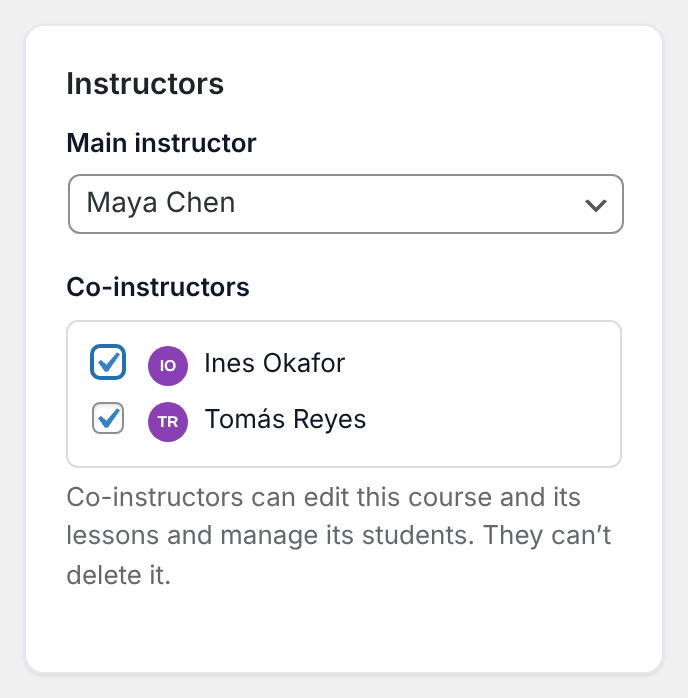 The Instructors card on the Details tab with two co-instructors ticked