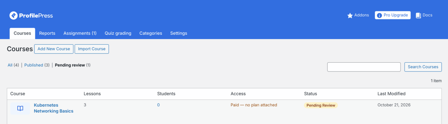The course list filtered by Pending review