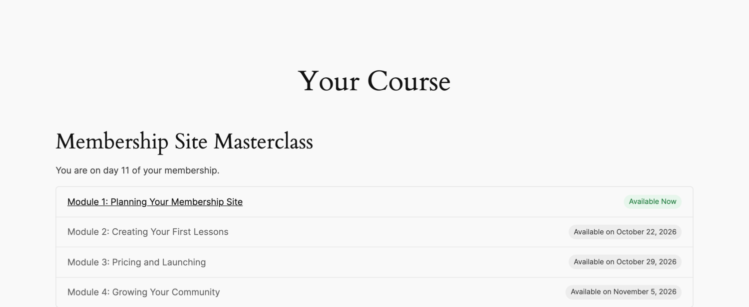 Your Course page showing the drip content outline for a member