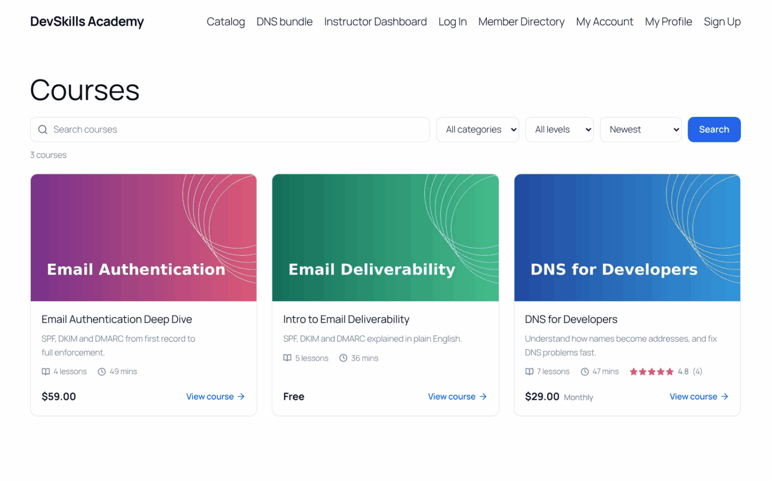 The course catalog with the search box, category, level and sort filters and course cards