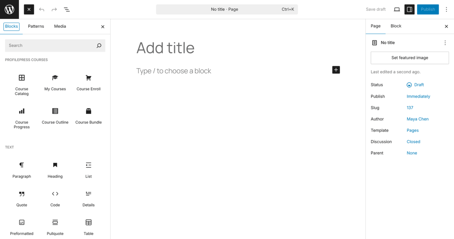 The block inserter with the ProfilePress Courses category open