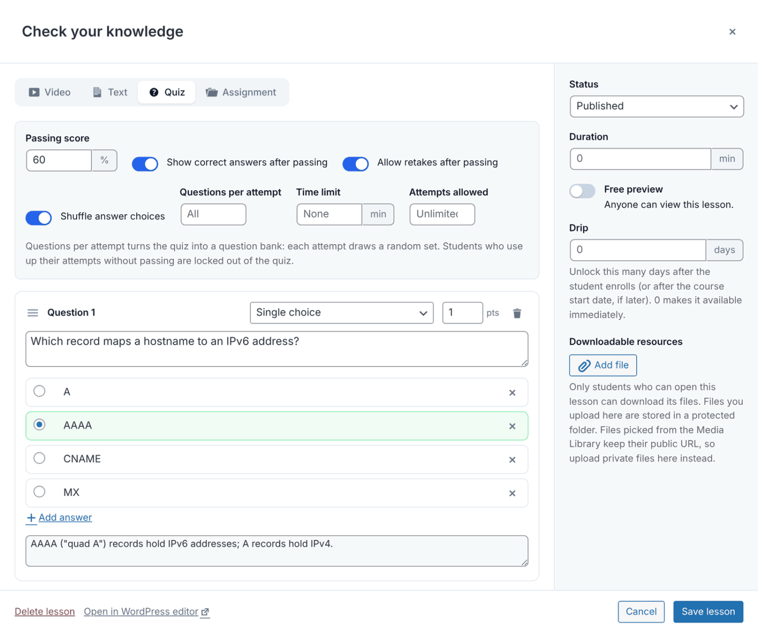 The quiz editor with the quiz settings and a single choice question