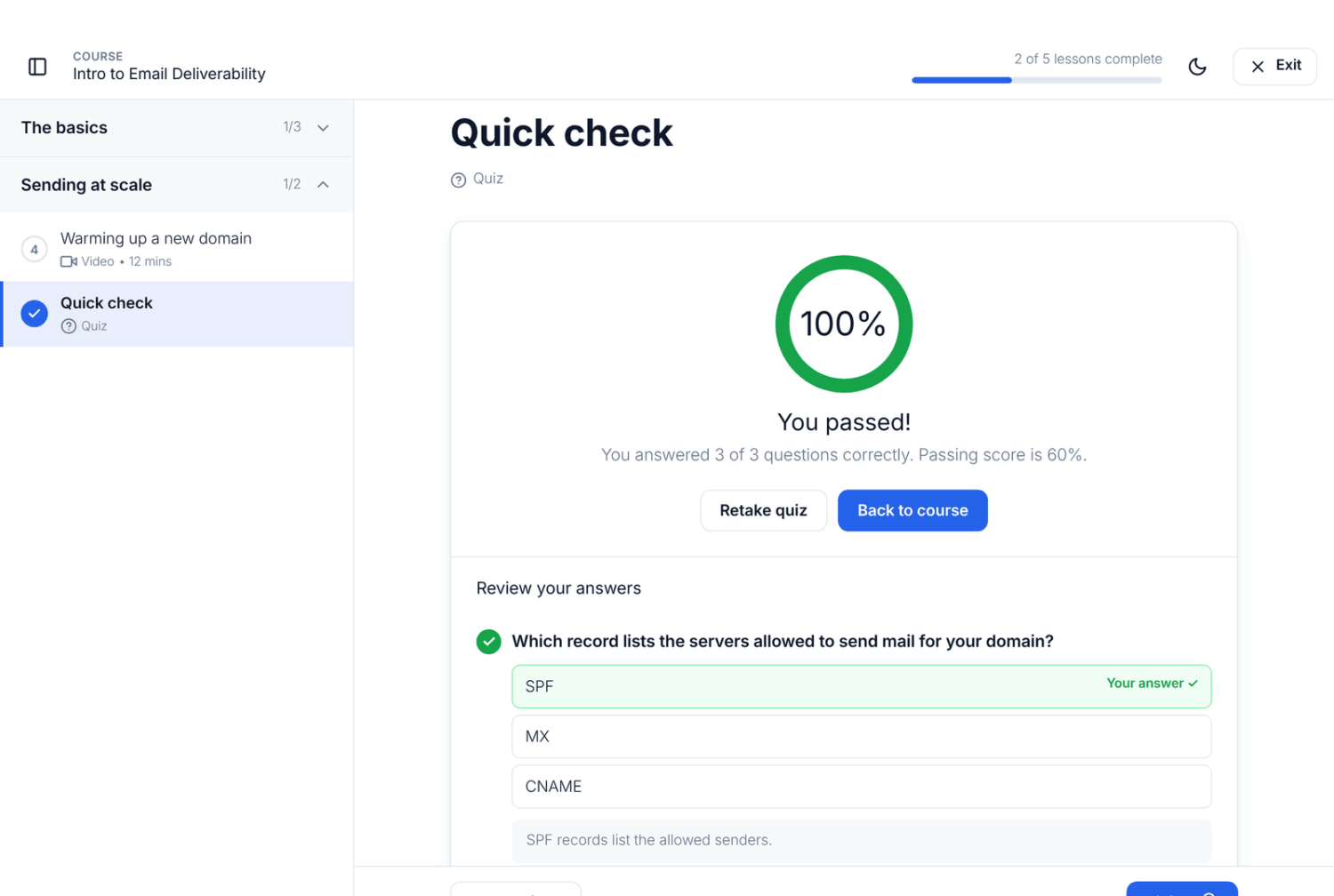 The quiz result screen after a pass