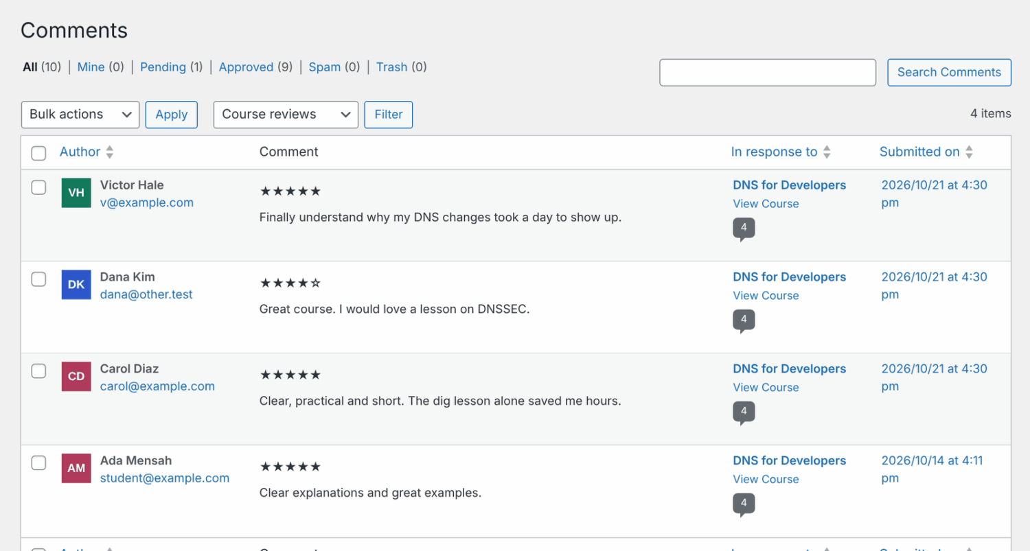 The WordPress Comments screen filtered to Course reviews, with star ratings above each review