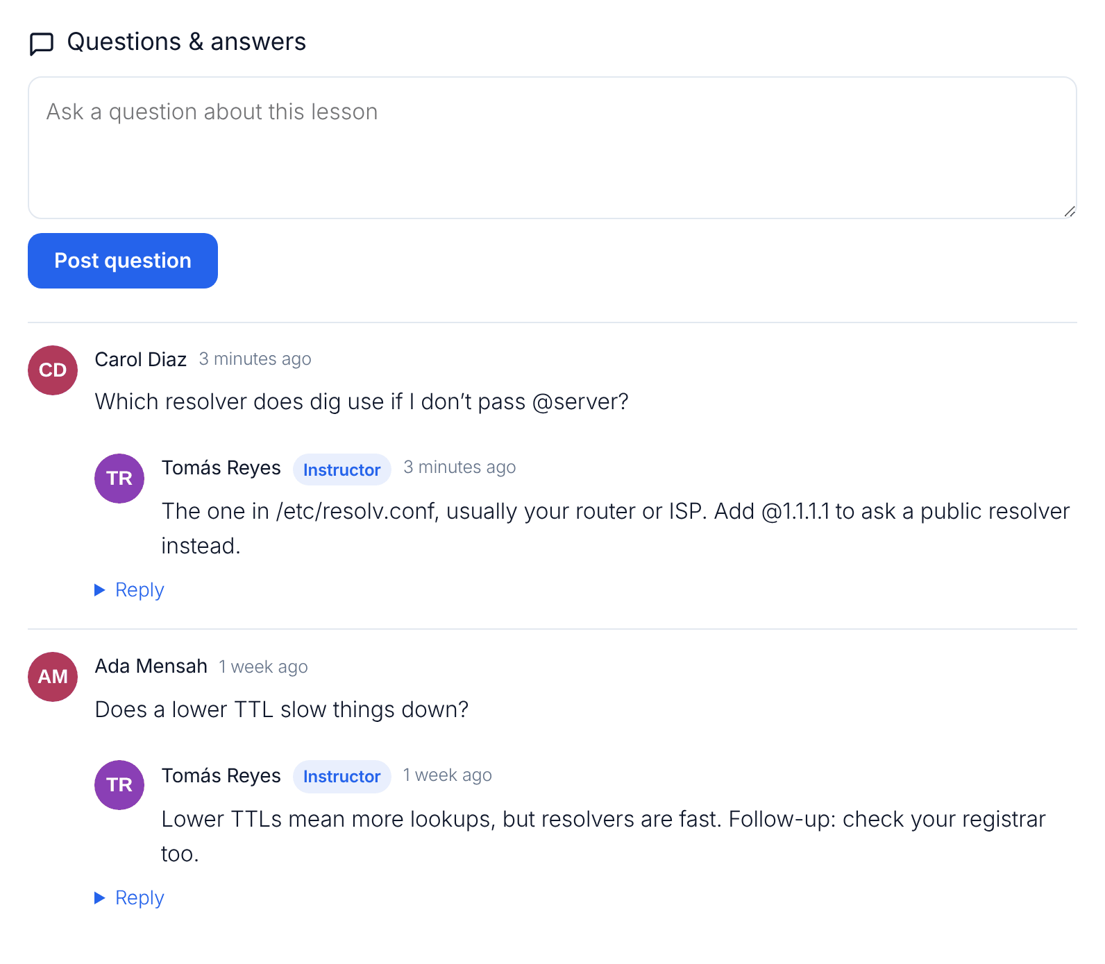 A lesson with the Questions & answers section, a question and an answer marked Instructor