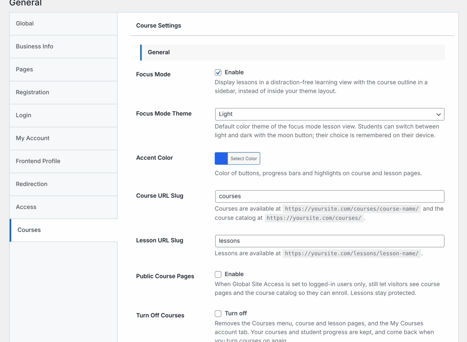 ProfilePress » Settings with the Courses section open in the side menu