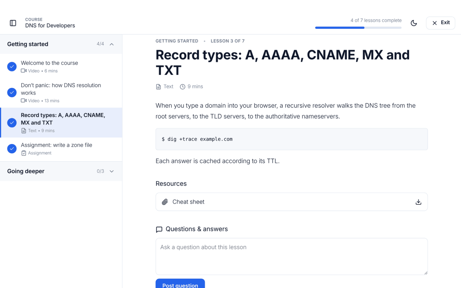 A lesson in focus mode with the course outline sidebar