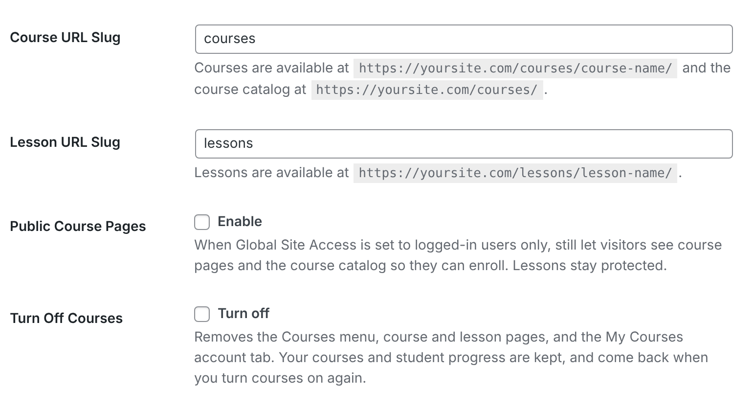 The Course URL Slug, Lesson URL Slug, Public Course Pages and Turn Off Courses settings