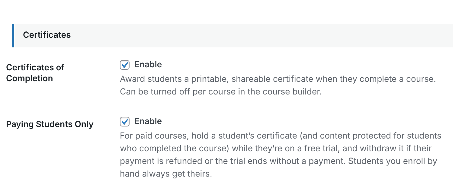 The Certificates settings with Certificates of Completion and Paying Students Only enabled
