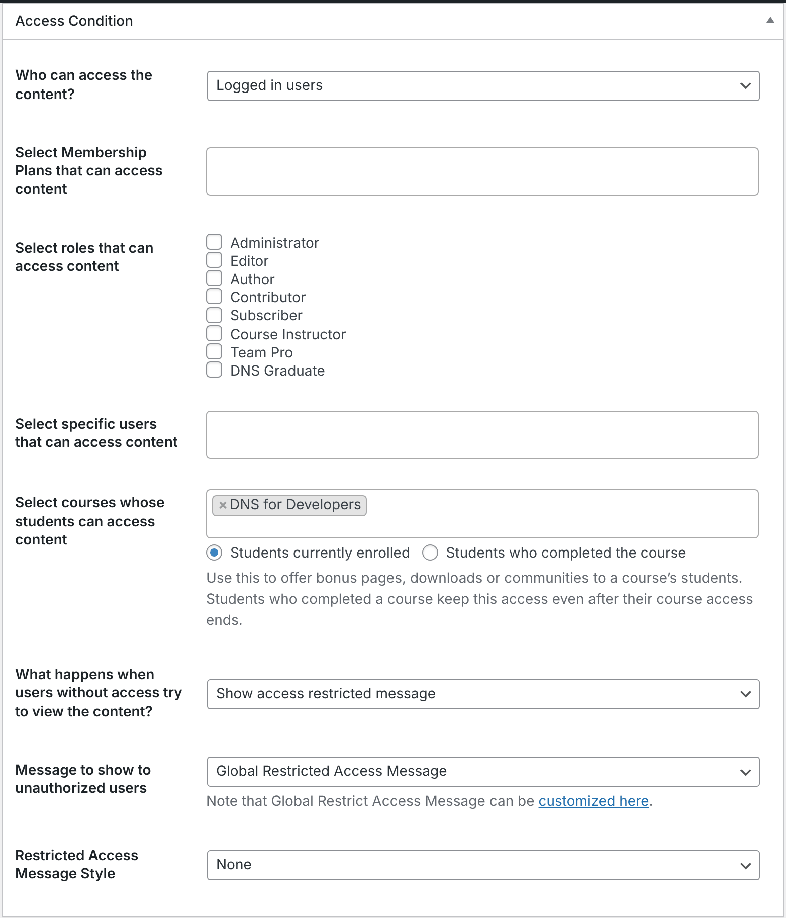 The Access Condition section with “Select courses whose students can access content” and the two student options