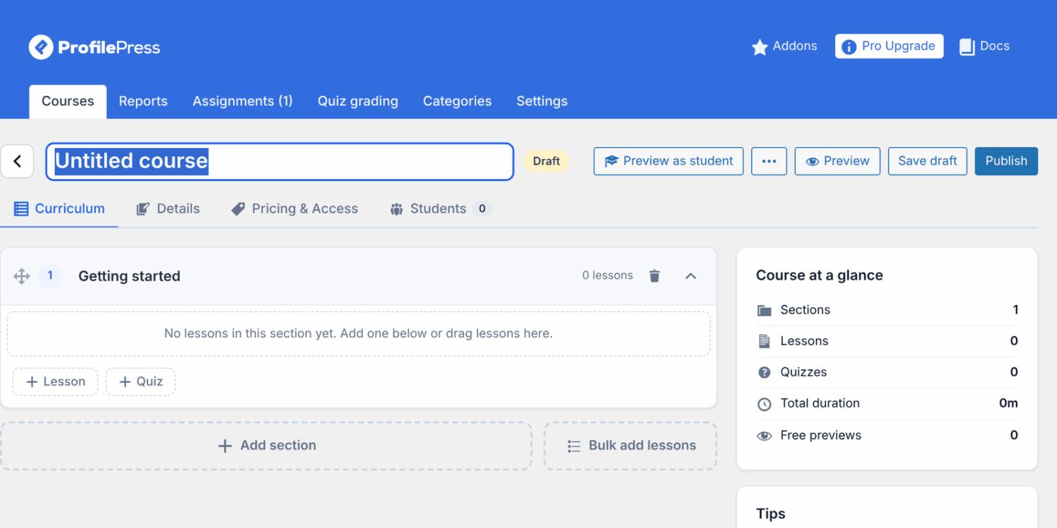 A new course in the builder, with the title field and the four tabs