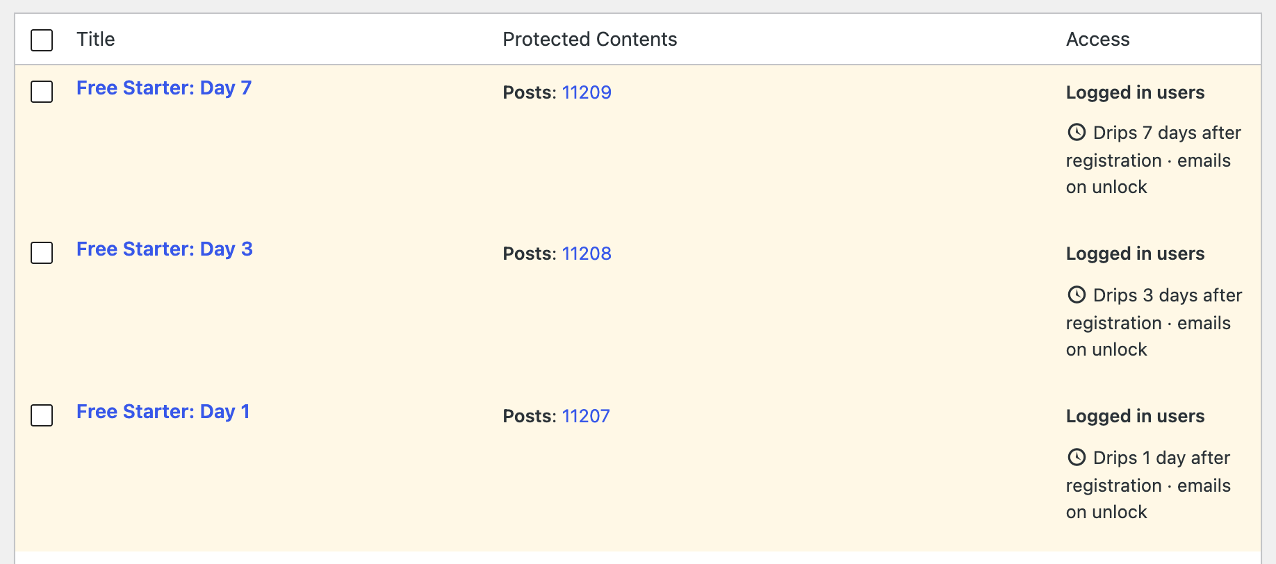 Content protection rules list showing Free Starter Day 1, Day 3 and Day 7 rules that drip after registration and email on unlock