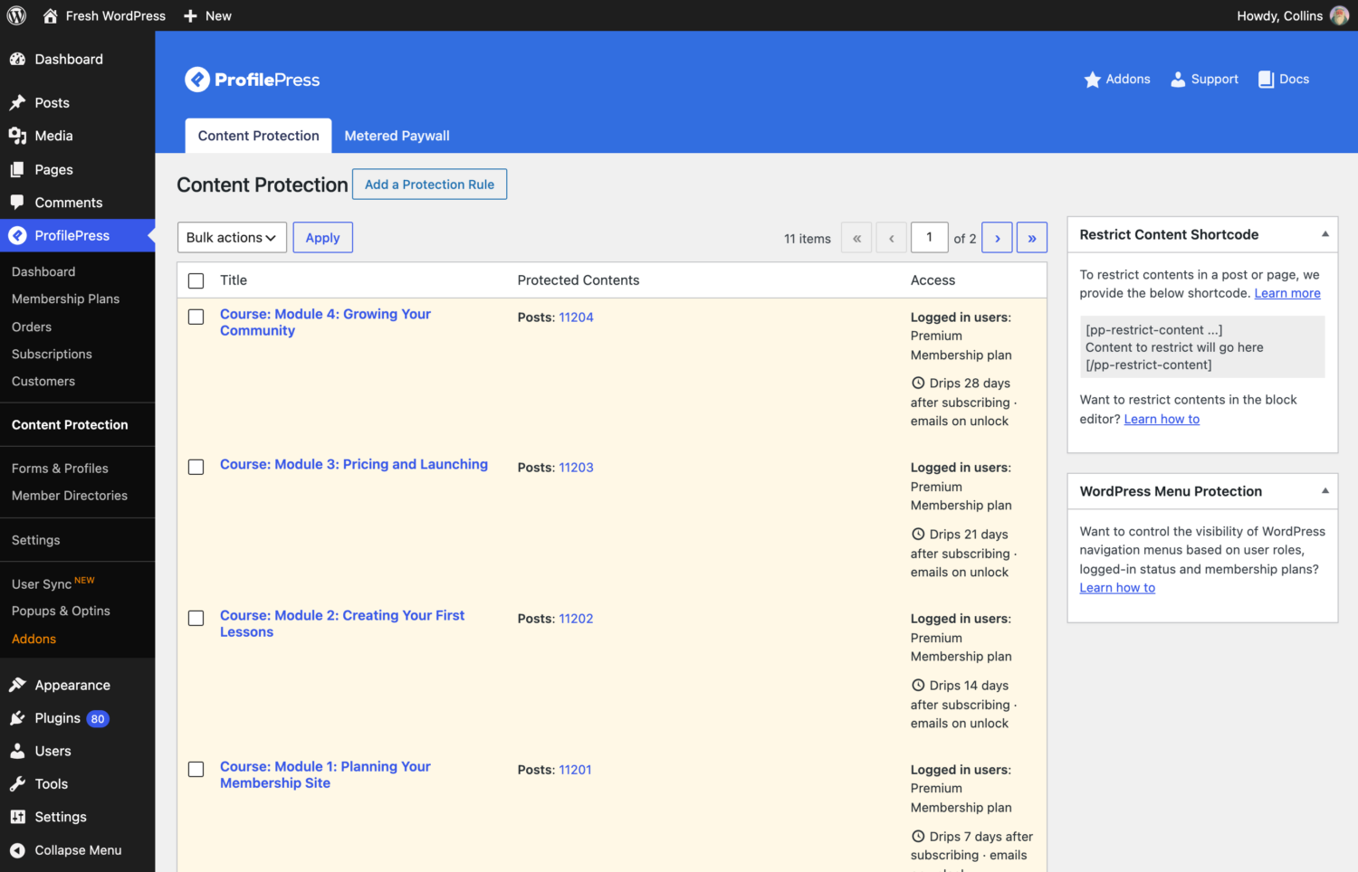 Content protection rules list with modules that drip 7, 14, 21 and 28 days after subscribing