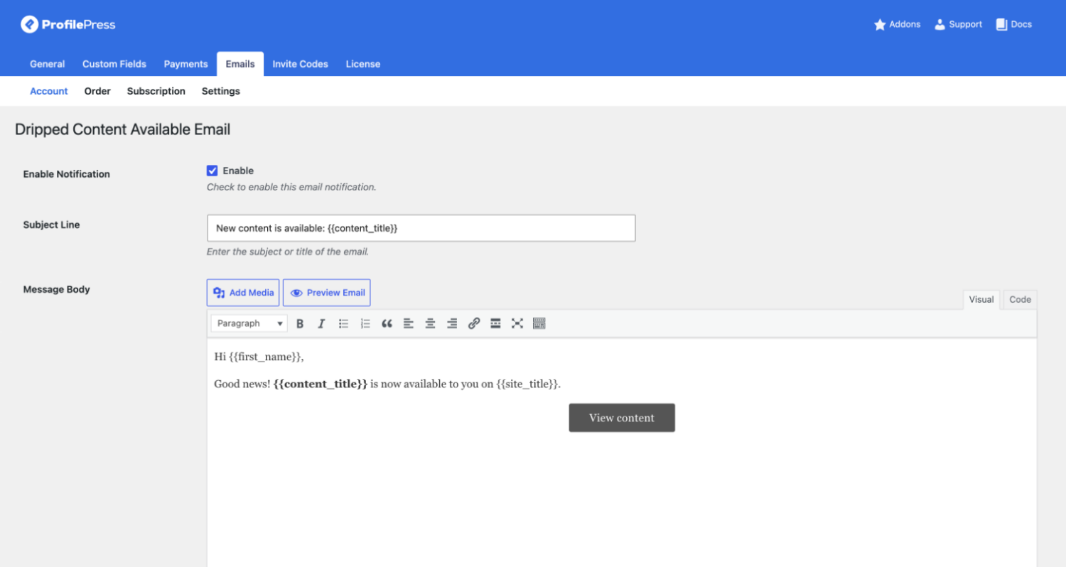 Dripped Content Available Email settings