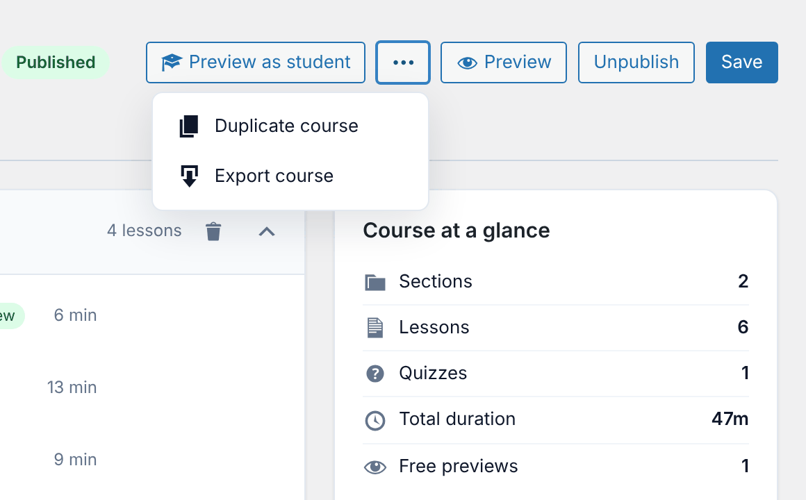 The More actions menu in the course builder with Duplicate course and Export course