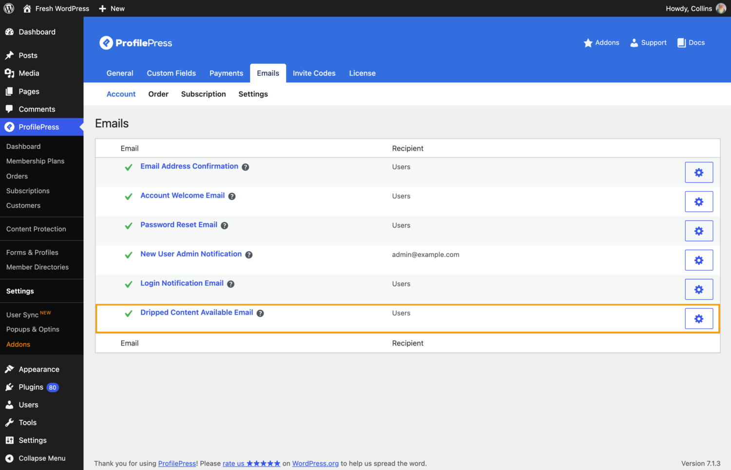 ProfilePress Emails list with Dripped Content Available Email highlighted