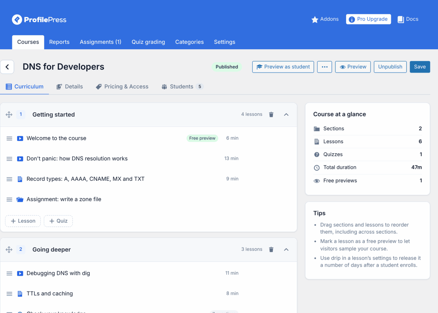 The course builder with the Curriculum, Details, Pricing & Access and Students tabs