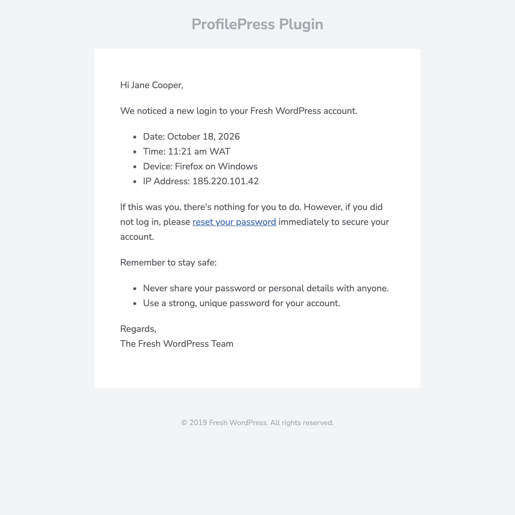 ProfilePress login notification email showing the date, time, device and IP address of a login
