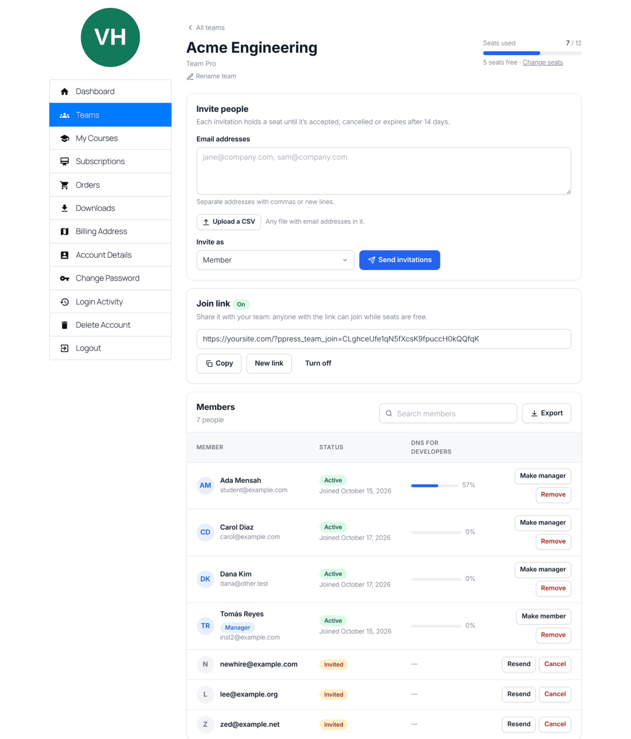 The team page in My Account with the seat meter, Invite people card, Join link card and Members table