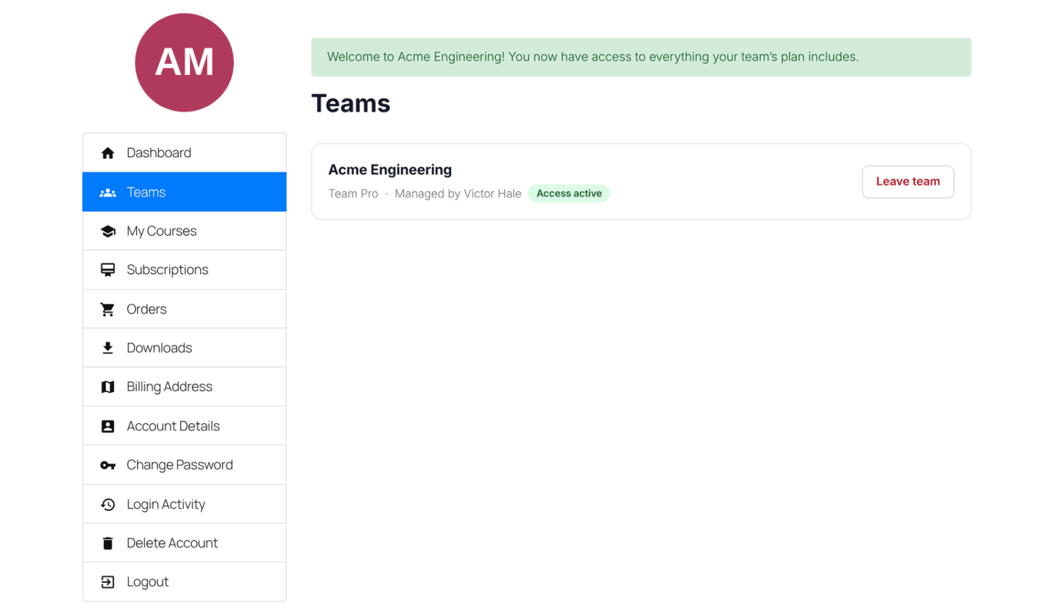 A member's Teams page with the welcome message and the team card showing Access active and Leave team