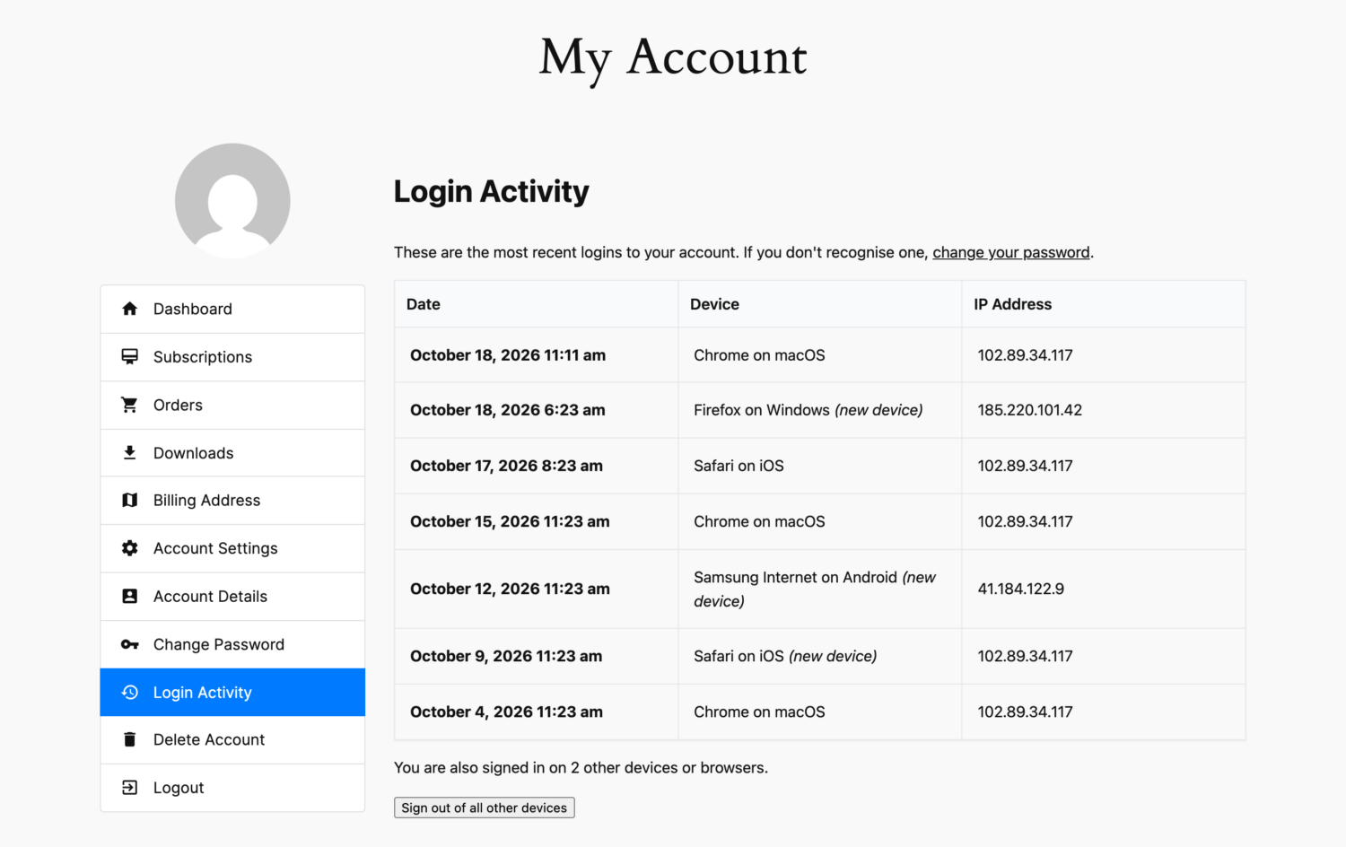 Login Activity tab on the ProfilePress My Account page
