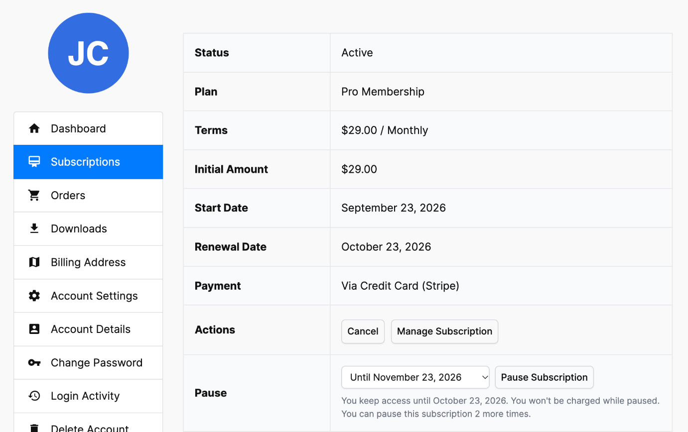 Pause option on a member's subscription in the ProfilePress My Account page
