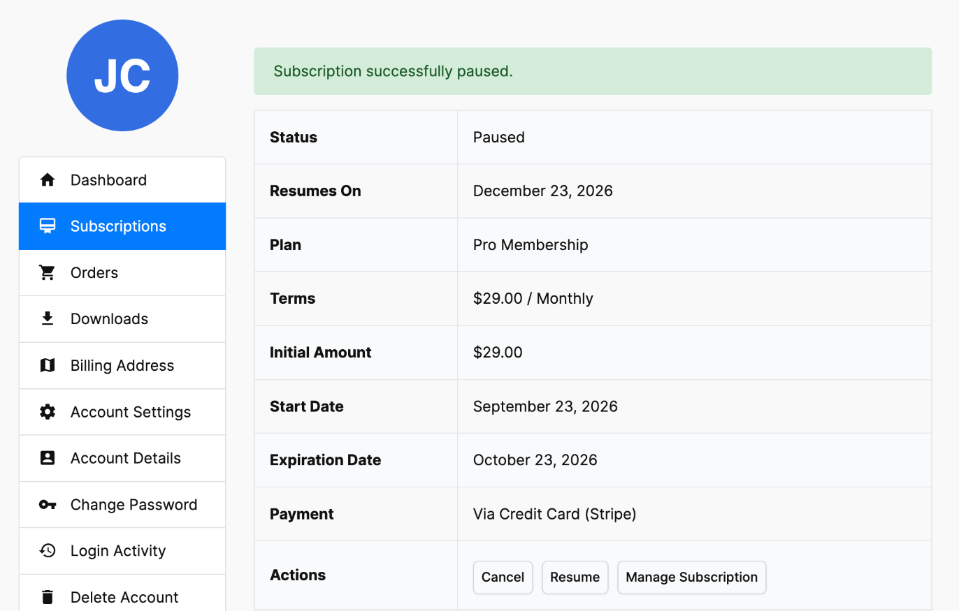 Paused subscription in My Account with its resume date