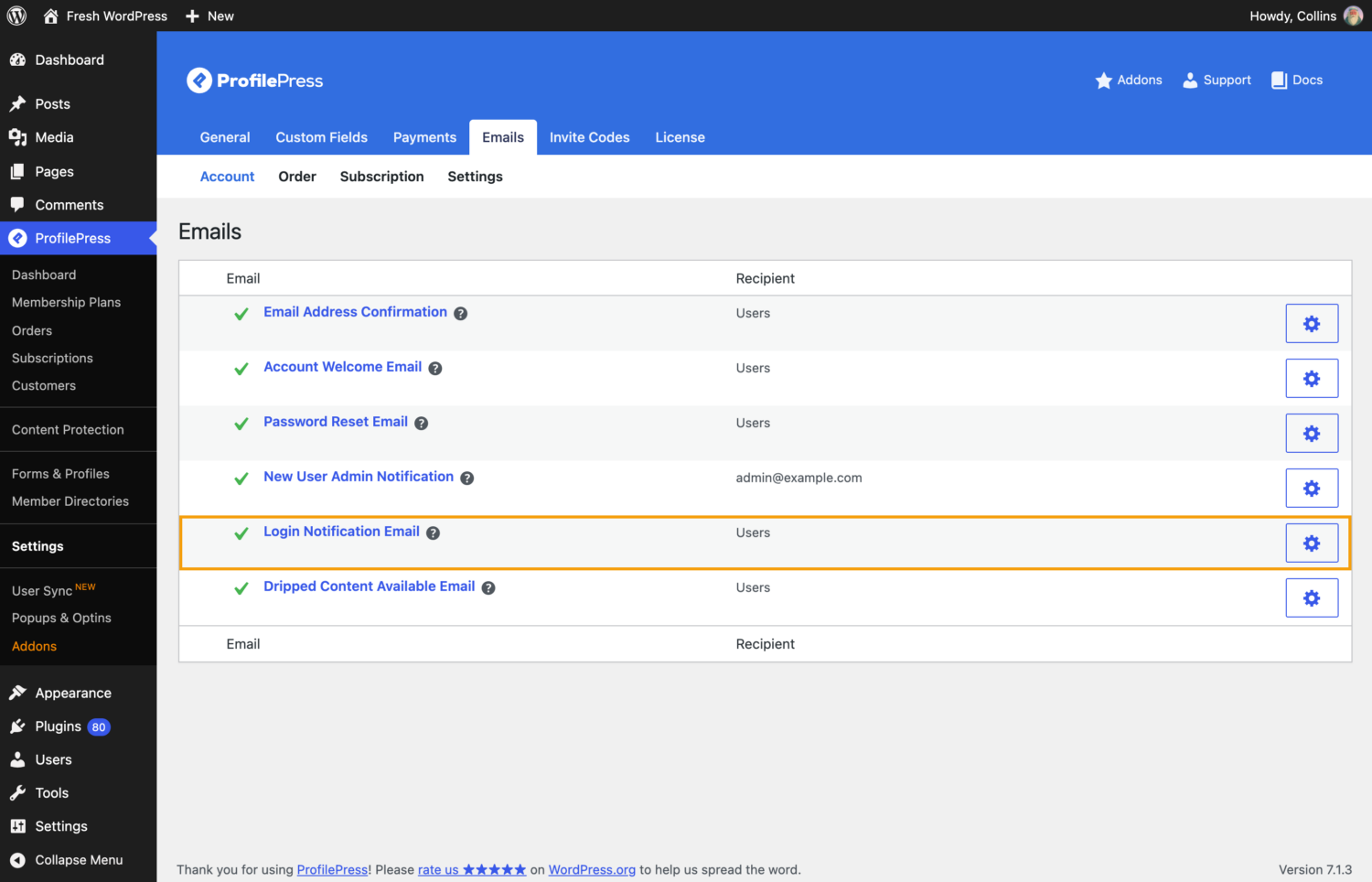 ProfilePress Emails settings list with Login Notification Email highlighted